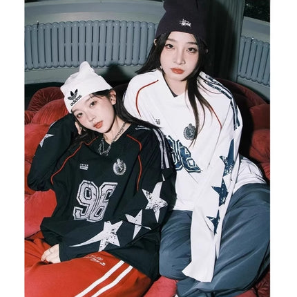 American Letter V-neck Long Sleeve T-shirt Men's and Women's Spring and Autumn Stripe Contrast Color Couple's oversize Ball Suit Design Sweatshirt