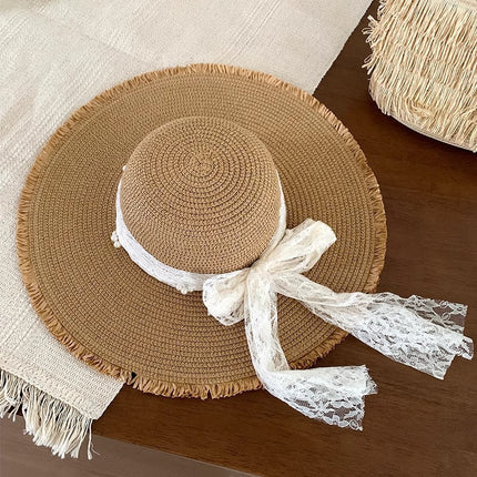 [Great Value] French Style Socialite Flat Top Hat 2025 New Summer Elegant Pearl String Sunshade Woven Straw Hat
