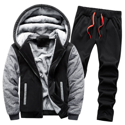 Foreign trade fleece-lined sweater suit men's thickened warm cardigan two-piece set autumn and winter sports casual hooded men's clothing