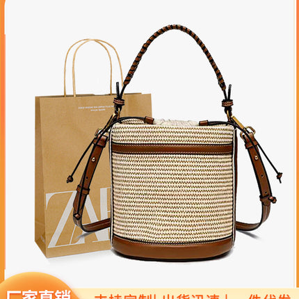 Zr Women's Bag 2025 New Color-Blocked Straw Shoulder Crossbody Bag Beach Outing Handbag Woven Bucket Bag Versatile