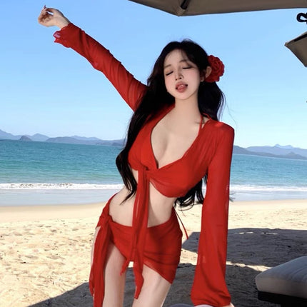 Dopamine Style Sexy Cyber Celebrator Split Bikini Four-piece Swimsuit Women's Small Chest Long Sleeve Vacation Hot Spring Swimsuit Batch