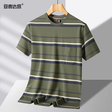 Dad T-shirt short sleeve summer pocket round neck yarn-dyed striped middle-aged men's top middle-aged and elderly plus size men's clothing