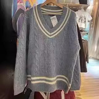 Brandy Knitted Sweater Women's Fresh Casual Versatile Fashionable V-Neck Cotton Elegant Cable Age-Reducing Long Sleeves