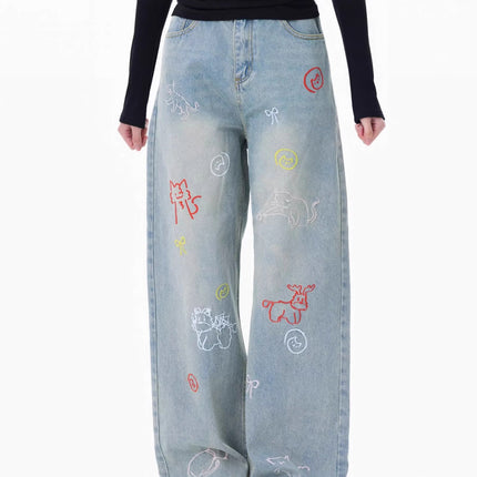 Embroidered Retro Wide-Leg Straight Fun Cartoon American Style 2025 New Jeans Pants Summer Loose Floor-Length Pants