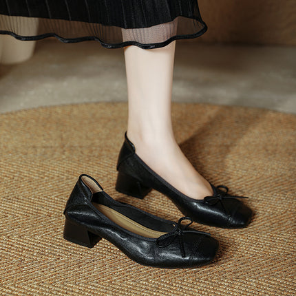 Retro Soft Goatskin Bow Round-Toe Flats for Women, Spring & Fall Bean Shoes, Ballet Thick Heels, Medium Heels, Soft-Soled Granny Shoes