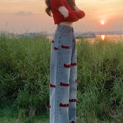 Vintage American Embroidered Straight Jeans Women's Trendy All-match plus size chubby girl High Waist Slimming Loose Wide-leg Trousers