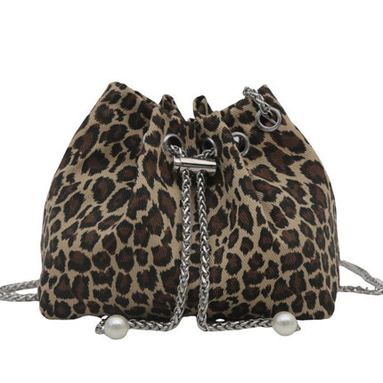 Internet Popular Leopard Print Small Bag 2024 Popular New Women's Bag Niche Design Chain Crossbody Bag Mini Drawstring Bucket Bag