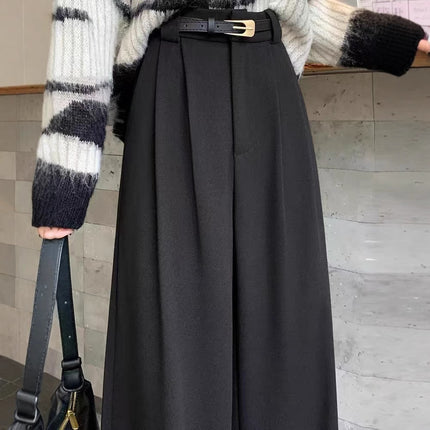 Black Woolen Suit Pants for Women, Spring, Autumn, and Winter, High-End Feel, Drapey, High-Waisted, Slimming, Petite, Straight-Leg, Narrow Wide-Leg Pants