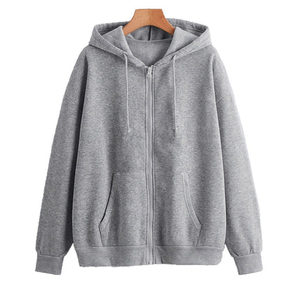 Amazon Aliexpress Cross-Border European and American Clothing 2025 Autumn and Winter Velvet Zipper Loose Pure Color Hooded Sweatshirt for Women