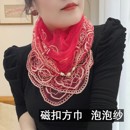 Spring and Summer Transparent Yarn Magnetic Buckle Turban Thin Embroidered Silk Scarf Women's Gift Scarf Mother Air Conditioning Shawl New Style
