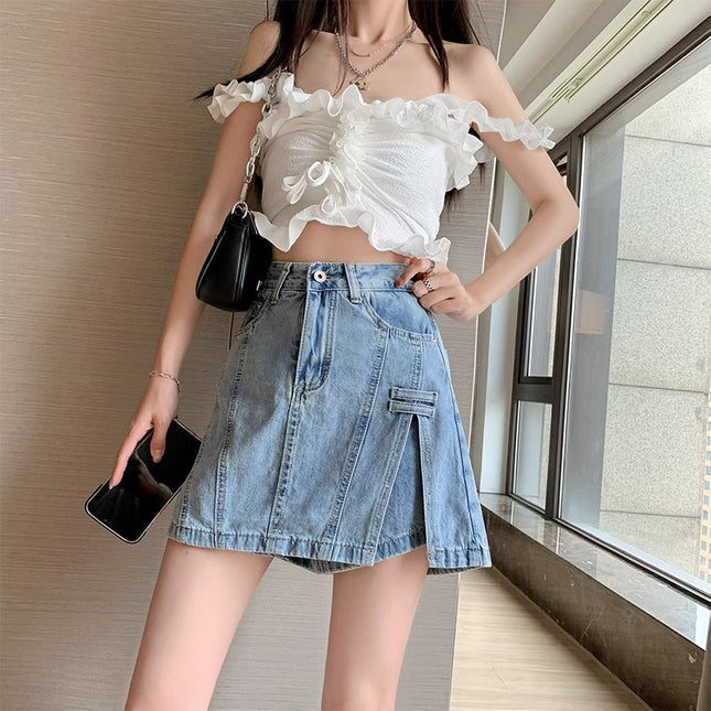 Split Denim Short Skirt Women's Skirt Pants 2024 Summer New Slimming High Waist A- Line Pants Skirt with Lining Half-length Skirt