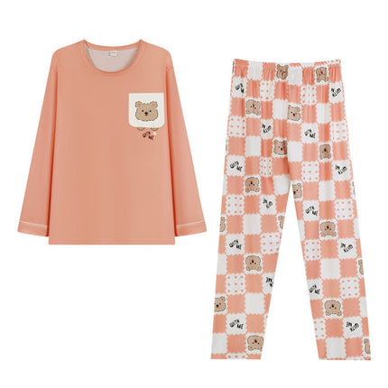 Cute Style Pajamas Women's Spring and Autumn New Cotton Round Neck Long Sleeve Trousers Korean Style Girl's Student Home Clothes suit