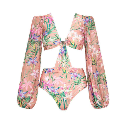 2024 European and American Amazon AliExpress one-piece swimsuit Mini ruffled mesh stitching printed swimsuit women's 2561