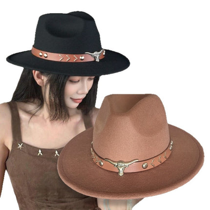 European and American Autumn and Winter Woolen Denim Jazz Felt Hat with Cow Head Label, Large Brim Fedora, Xizang Ethnic Style Outdoor Bucket Hat