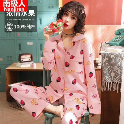 100% cotton pajamas Women's Spring and Autumn long-sleeved cotton outerwear suit Korean casual home wear