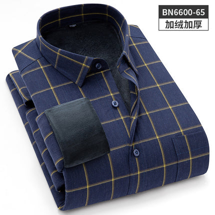24 Winter Pure Cotton Brushed Plaid Warm Shirt Fleece-Lined Thickeneded Winter Shirt Light Business Square Collar Long-Sleeved Shirt