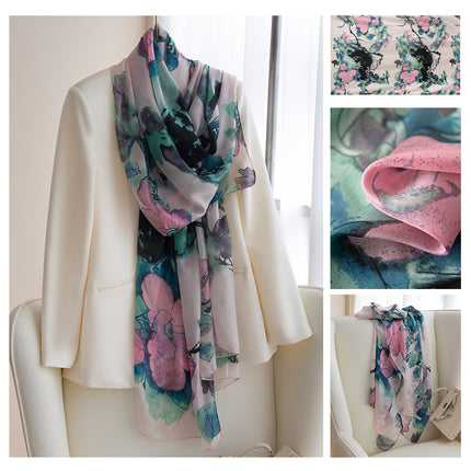 Autumn New Arrival Mulberry Silk Scarf for Women, Green Small Floral Shawl, Long Silk Scarf, Ready for Wholesale