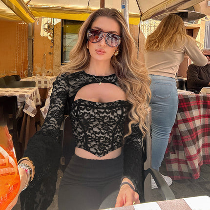 Wish Cross-Border New Women's Lace Long-Sleeved Cut Out Jacquard Navel-Baring Fashion Party Sexy Slimming Look Top