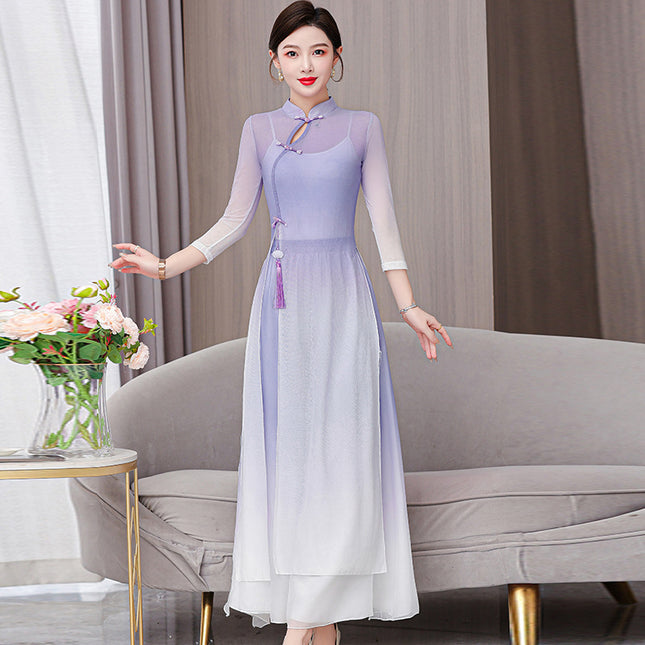 Classical dance gradient color cheongsam Chinese style dance body rhyme gauze clothing folk dance performance clothing practice clothing dress