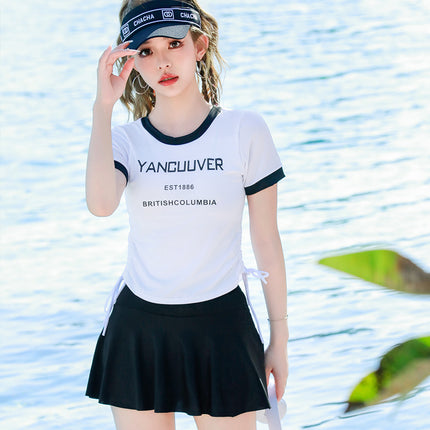 Sweet and Cute Girl Student Swimsuit Female Split Boxer Skirt Style with Sleeves Hot Spring Conservative Slimming Belly-Covering Swimsuit