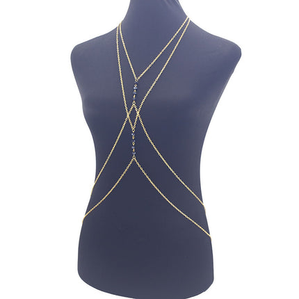 European and American Sexy Metal Geometric Body Chain Women's Bikini Summer Beach Cross Multi-Layer Long Crystal Chest Chain
