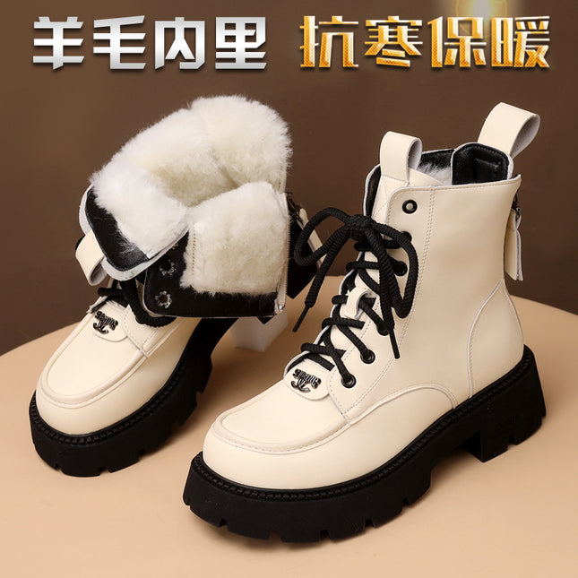 Wool Cold Resistant Snow Boots Women's 2024 Winter New White fleece-lined Thickened Waterproof Cotton Shoes Thick Bottom Slim Look Ankle Boots