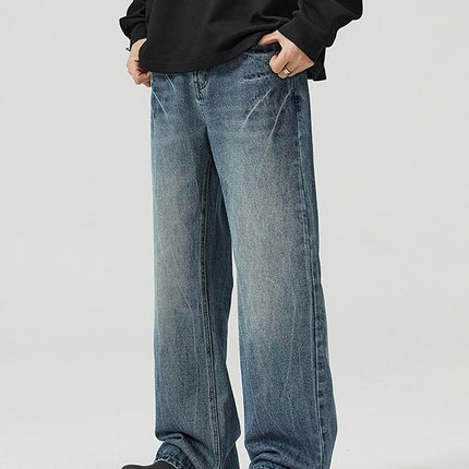 LKTM Men's# American vibe Lightning Crack Blue Jeans Men's cleanfit Slightly Slim Pants