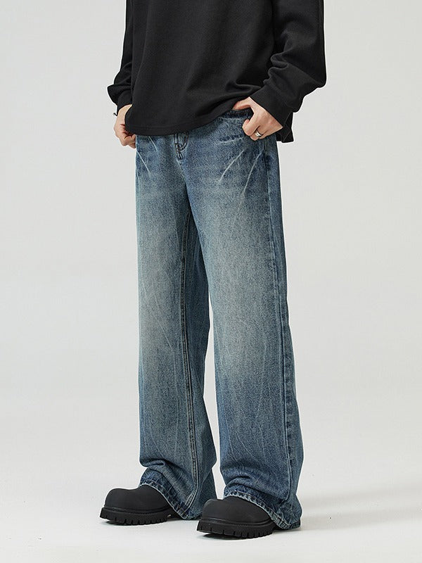 LKTM Men's# American vibe Lightning Crack Blue Jeans Men's cleanfit Slightly Slim Pants