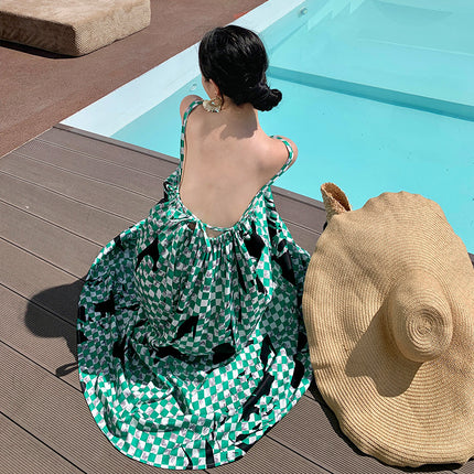 Real Shot Green Checkerboard Dress Women's Artistic Asymmetrical Neck Backless Vacation Strap Long Dress