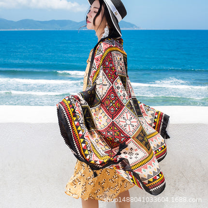 Ethnic Style Printed Silk Scarf Women's Seaside Travel Sun Protection Gauze Air Conditioning Warm Scarf Versatile Long Shawl