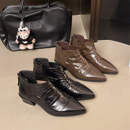 First-Layer Cowhide Pointed Toe Nude Boots for Women 2025 Autum New Flats-Soled Elegant Single Boots Niche Design Versatile Leather Boots