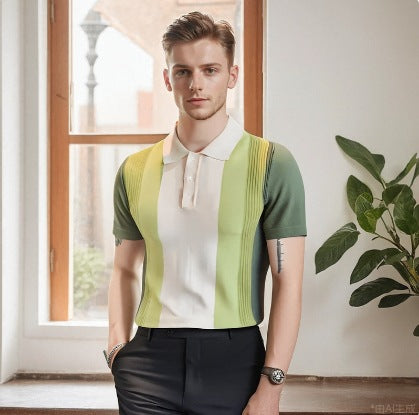 2025 Men's Knitted Polo Shirt Handsome Summer Trendy Men's Right Shoulder Shirt Collar American Zipper Lapel Stripesd T-Shirt