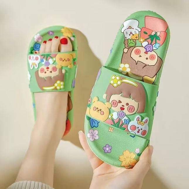 2025 Trendy Women's Cartoon Summer Slippers for Outdoor Wear, Cute and Girly, Soft-Soled, Non-Slip, Suitable for Home and Bathroom, Floral Design