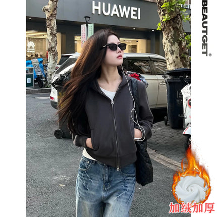 Shandong Jimo Mancaidi Brand American Street Short Double-Ended Zipper Cardigan Hooded Sweatshirt Women's Trendy Hoodie