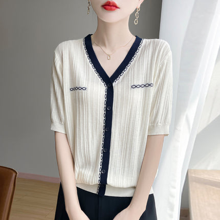 Tweed Style Contrasting Color Short-Sleeved T-Shirt Women's Niche Thin V Neck Half-Sleeved 2025 Summer New Knitted Women's Top