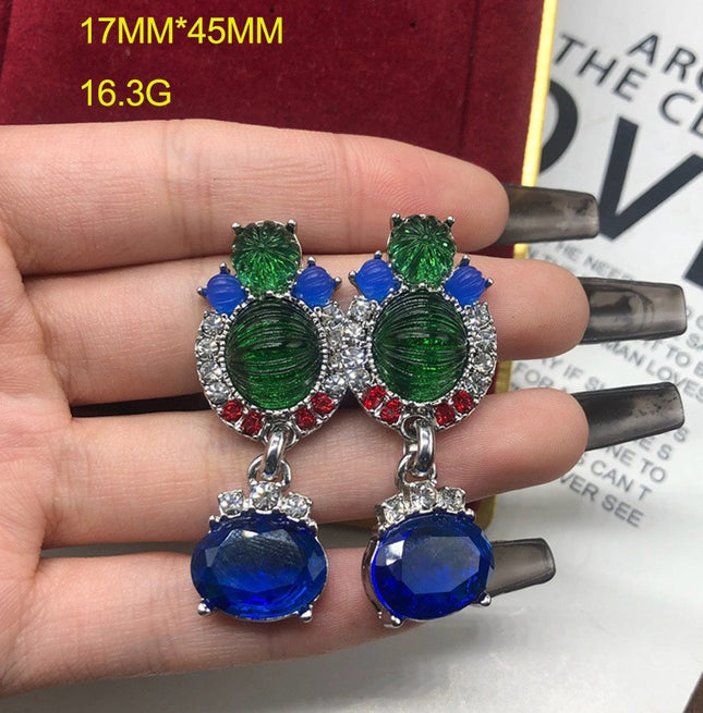 Western mid-ancient heavy industry blue rhinestone gem chain necklace earrings suit high-end exaggerated high-grade clavicle chain