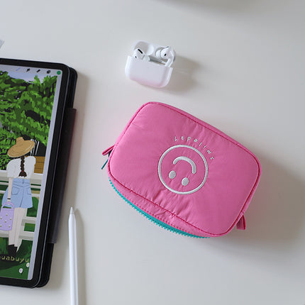 Cute Smiling Face Storage Bag, Multi-Functional Fabric Makeup Bag, Portable Clutch Bag, Female Japanese-Style Student Small Bag, Contrasting Colors