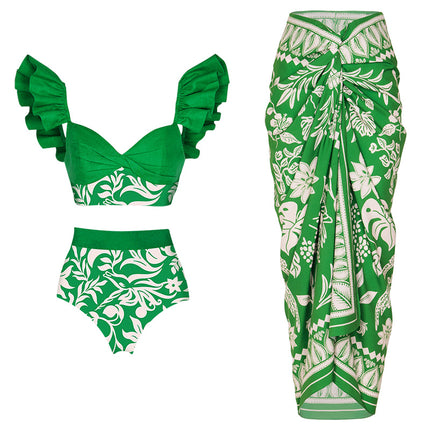 Mini ruffled solid color printed stitching high waist bikini2024 Amazon AliExpress swimsuit new 2773
