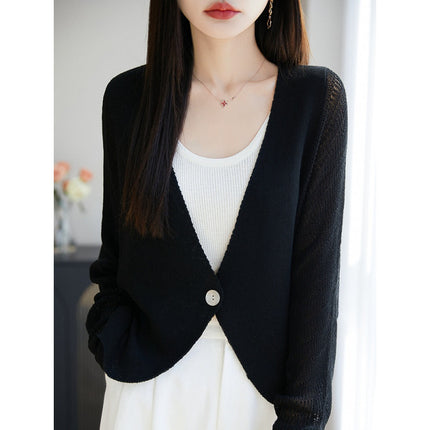 Sun Protection Cardigan Lyocell Linen V Neck Cut Out Bat Sleeves with One Button Knitted Jacket Women's Air-Conditioned Blouse