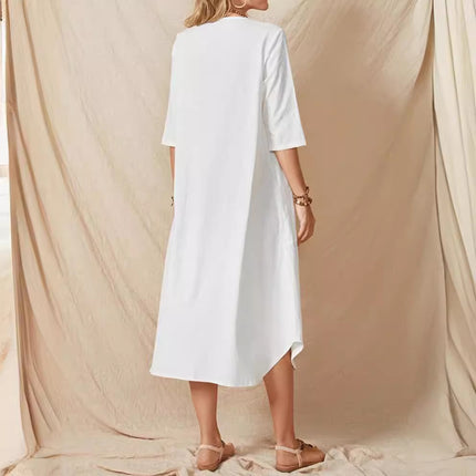 Cross-border wish AliExpress 2022 summer new women's 5-sleeve round neck single-breasted solid color cotton and linen dress