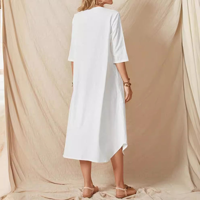 Cross-border wish AliExpress 2022 summer new women's 5-sleeve round neck single-breasted solid color cotton and linen dress