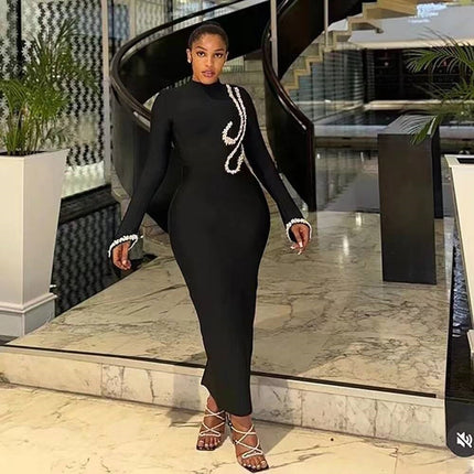 Europe and the United States cross-border new nail drill long sleeve tight bandage dress socialite elegant banquet dress dress