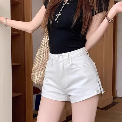 Hot Girl White Denim Shorts Women's Summer New Design Side Zipper Low Waist Sexy Hip-Covering Hot Pants Trendy