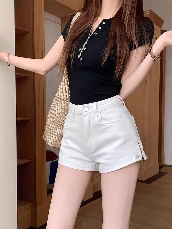 Hot Girl White Denim Shorts Women's Summer New Design Side Zipper Low Waist Sexy Hip-Covering Hot Pants Trendy