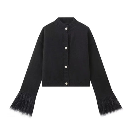 European and American Style Women's Clothing, Popular Cross-Border Product, Lazy and Versatile, Solid Color Spliced Feather Knit Cardigan