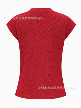 Amazon Independent Station Cross-border European and American Foreign Trade Women's Short-sleeved T-shirt US-size Needle-eye Hollow-out Crewneck Top
