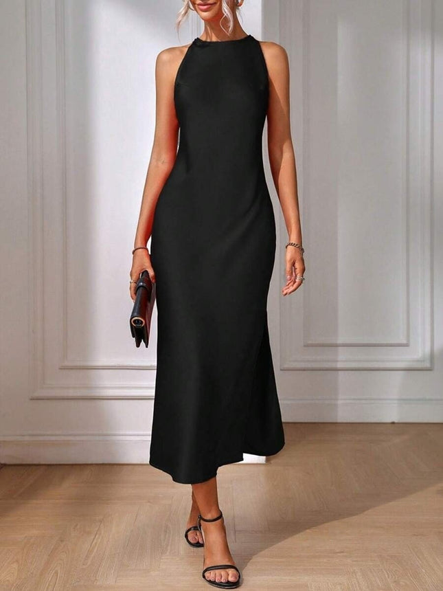 European and American Cross-Border Amazon Satin Dress Women's Spring and Summer Sleeveless Slit Satin Imitation Silk Long Skirt