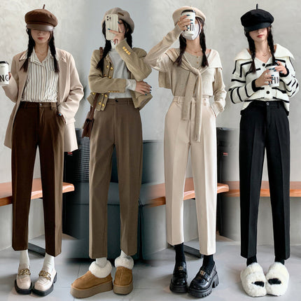 Woolen suit pants women's autumn and winter fleece-lined thick small straight pants thin high waist cropped pipe pants