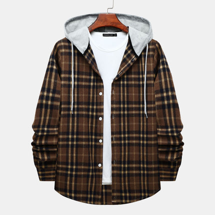 Cross-border Hooded Plaid Shirt Men's 2024 Foreign Trade Autumn Harajuku Style Plaid Hooded Shirt Men's Hong Kong Style Casual Shirt