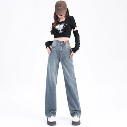 American-Style Wide-Leg Jeans for Women, 2025 New Summer Thin Retro High-Waisted Loose Straight Wrinkled Floor-Length Pants